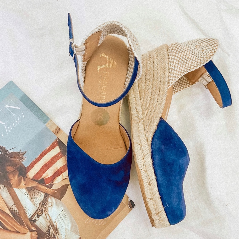 Apaseart Blue Velvet Espadrilles Jute Wedge size 8
